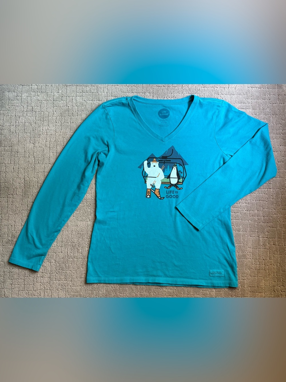 Life Is Good Women’s Crusher Tee Playful Winter Turquoise V Neck Graphic Tee